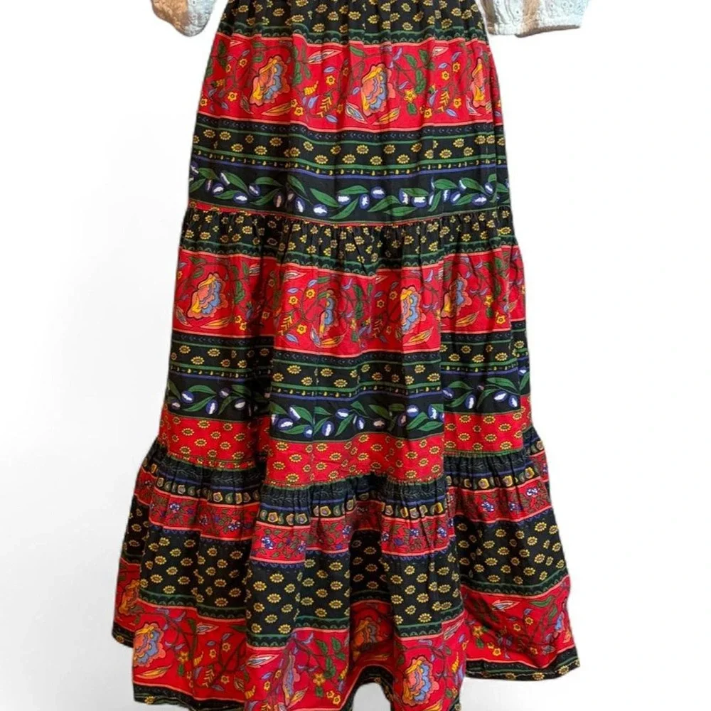 Vintage 90s Folksy Floral Tiered Maxi Skirt